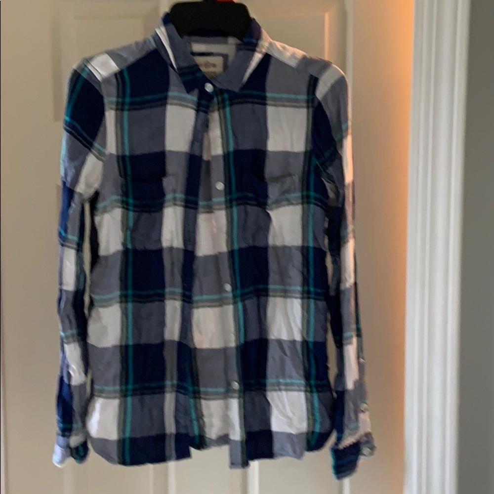 Blue and white plaid button down. Size small